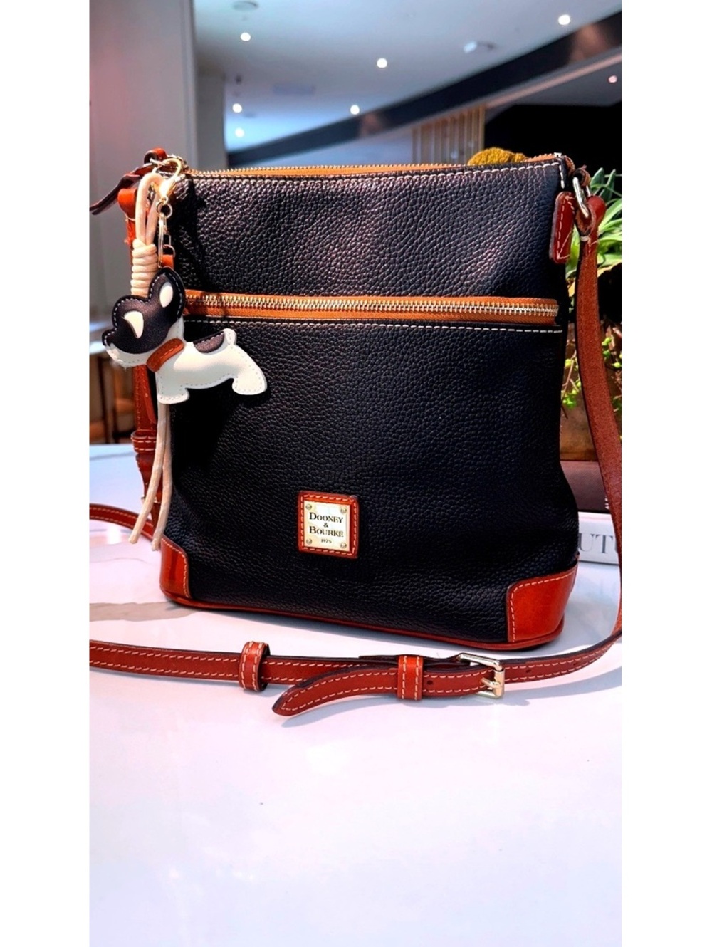 Dooney & Bourke Midnight Blue Pebble Grain Crossbody Bag British Tan Leather